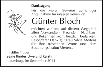 Traueranzeige von Günter Bloch von Mitteldeutsche Zeitung Naumburg/Nebra