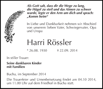 Traueranzeige von Harri Rössler von Mitteldeutsche Zeitung Naumburg/Nebra