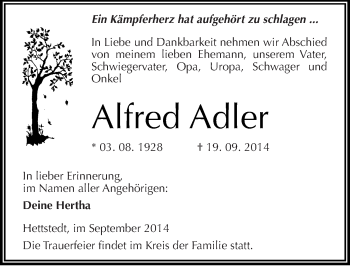 Traueranzeige von Alfred Adler von Mitteldeutsche Zeitung Mansfelder Land