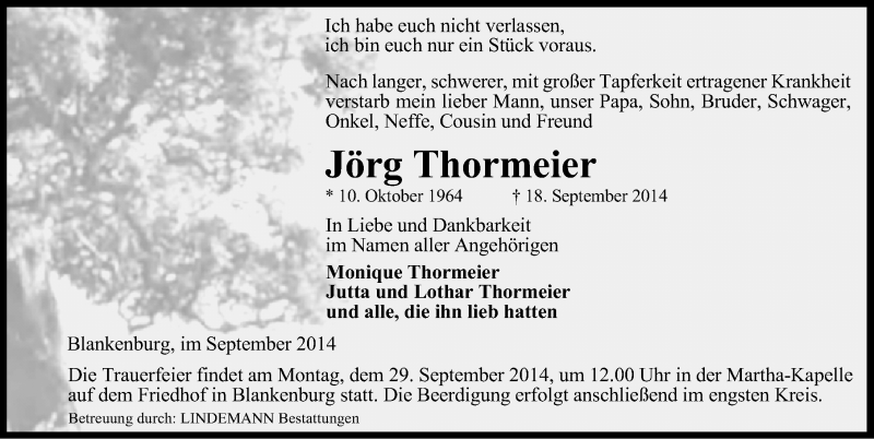  Traueranzeige für Jörg Thormeier vom 24.09.2014 aus Mitteldeutsche Zeitung Quedlinburg