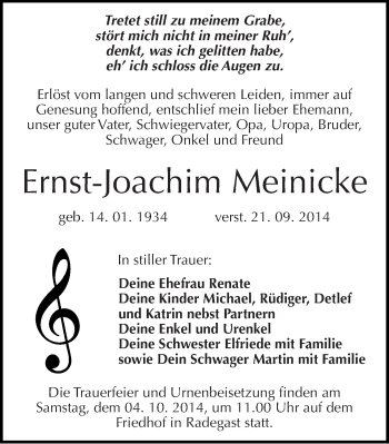 Traueranzeige von Ernst-Joachim Meinicke von Mitteldeutsche Zeitung Köthen