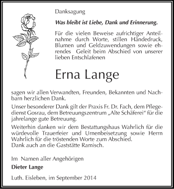 Traueranzeige von Erna Lange von Mitteldeutsche Zeitung Mansfelder Land