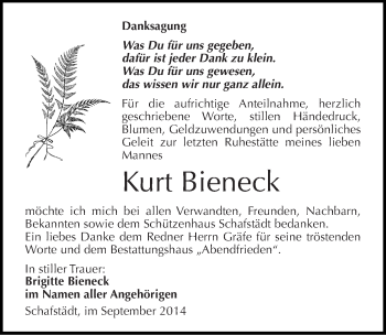 Traueranzeige von Kurt Bieneck von Mitteldeutsche Zeitung Merseburg/Querfurt