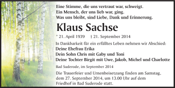 Traueranzeige von Klaus Sachse von Mitteldeutsche Zeitung Quedlinburg