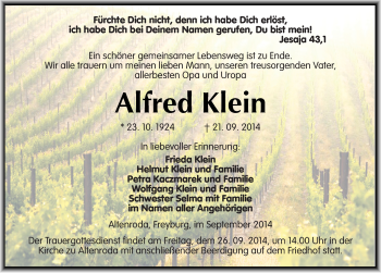 Traueranzeige von Alfred Klein von Mitteldeutsche Zeitung Naumburg/Nebra