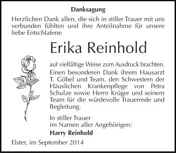 Traueranzeige von Erika Reinhold von Mitteldeutsche Zeitung Wittenberg
