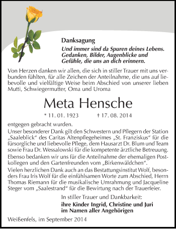 Traueranzeige von Meta Hensche von Mitteldeutsche Zeitung Weißenfels