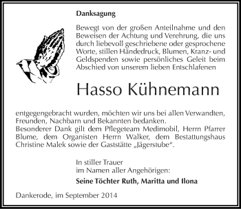 Traueranzeige von Hasso Kühnemann von Mitteldeutsche Zeitung Quedlinburg