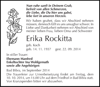Traueranzeige von Erika Rockitta von Mitteldeutsche Zeitung Naumburg/Nebra