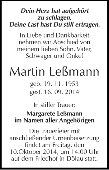 Traueranzeige von Martin Leßmann von Mitteldeutsche Zeitung Halle/Saalkreis