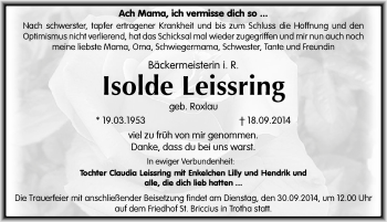 Traueranzeige von Isolde Leissring von Mitteldeutsche Zeitung Halle/Saalkreis