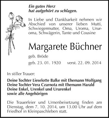 Traueranzeige von Margarete Büchner von Mitteldeutsche Zeitung Köthen
