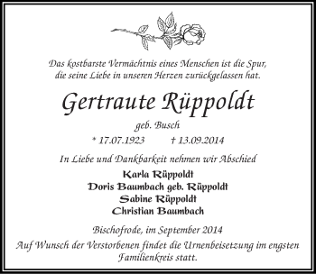 Traueranzeige von Gertraute Rüppoldt von Mitteldeutsche Zeitung Mansfelder Land