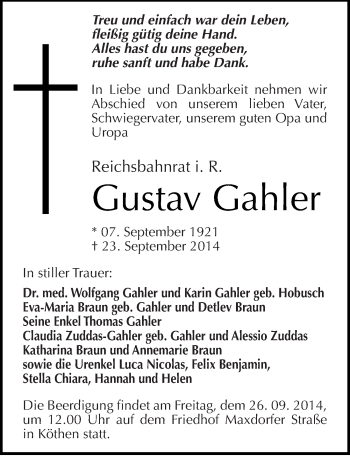 Traueranzeige von Gustav Gahler von Mitteldeutsche Zeitung Köthen