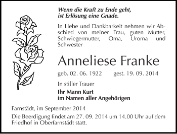 Traueranzeige von Anneliese Franke von Mitteldeutsche Zeitung Merseburg/Querfurt
