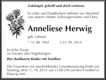 Traueranzeige von Anneliese Herwig von Mitteldeutsche Zeitung Halle/Saalkreis