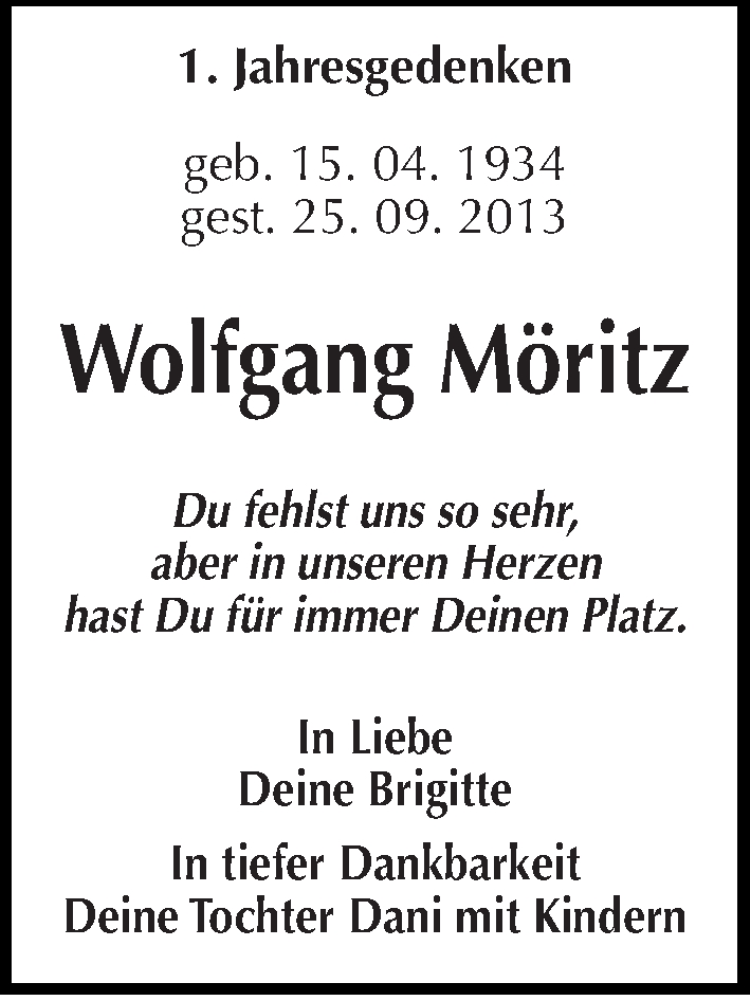  Traueranzeige für Wolfgang Möritz vom 25.09.2014 aus Mitteldeutsche Zeitung Wittenberg