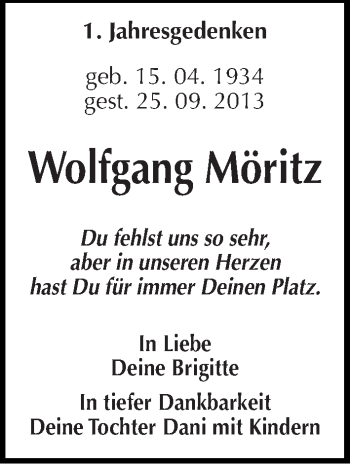 Traueranzeige von Wolfgang Möritz von Mitteldeutsche Zeitung Wittenberg