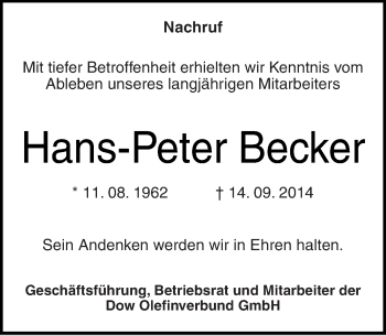 Traueranzeige von Hans-Peter Becker von Mitteldeutsche Zeitung Merseburg/Querfurt