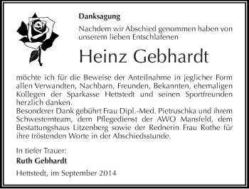 Traueranzeige von Heinz Gebhardt von Mitteldeutsche Zeitung Mansfelder Land