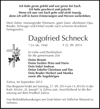 Traueranzeige von Dagofried Schneck von Mitteldeutsche Zeitung Wittenberg