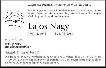 Traueranzeige von Lajos Nagy von Mitteldeutsche Zeitung Mansfelder Land