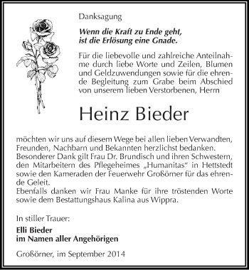 Traueranzeige von Heinz Bieder von Mitteldeutsche Zeitung Mansfelder Land