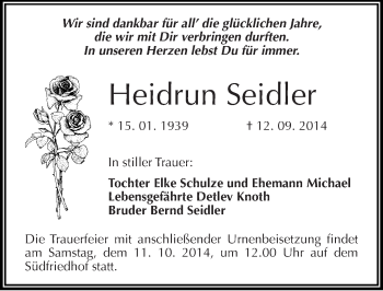 Traueranzeige von Heidrun Seidler von Mitteldeutsche Zeitung Halle/Saalkreis