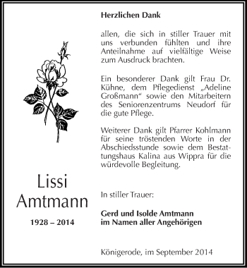 Traueranzeige von Lissi Amtmann von Mitteldeutsche Zeitung Mansfelder Land