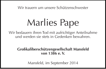 Traueranzeige von Marlies Pape von Mitteldeutsche Zeitung Mansfelder Land