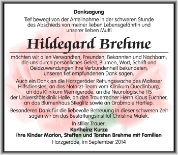 Traueranzeige von Hildegard Brehme von Mitteldeutsche Zeitung Quedlinburg