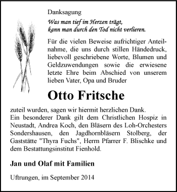 Traueranzeige von Otto Fritsche von Mitteldeutsche Zeitung Sangerhausen