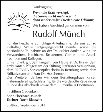 Traueranzeige von Rudolf Münch von Mitteldeutsche Zeitung Bernburg