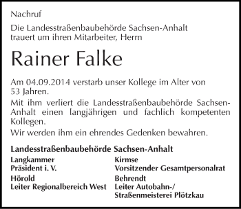 Traueranzeige von Rainer Falke von Mitteldeutsche Zeitung Köthen
