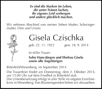 Traueranzeige von Gisela Czischka von Mitteldeutsche Zeitung Bitterfeld
