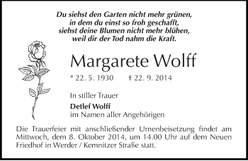 Traueranzeige von Margarete Wolff von Mitteldeutsche Zeitung Halle/Saalkreis