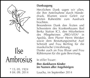 Traueranzeige von Ilse Ambrosius von Mitteldeutsche Zeitung Naumburg/Nebra