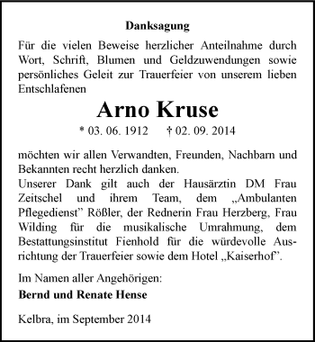 Traueranzeige von Arno Kruse von Mitteldeutsche Zeitung Sangerhausen