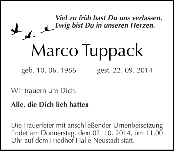 Traueranzeige von Marco Tuppack von Mitteldeutsche Zeitung Halle/Saalkreis