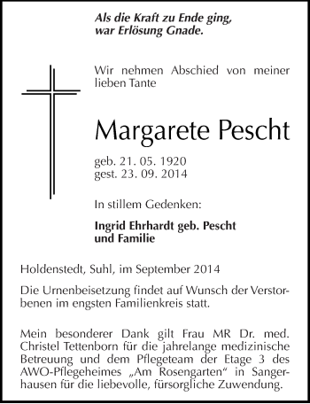 Traueranzeige von Margarete Pescht von Mitteldeutsche Zeitung Sangerhausen