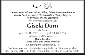 Traueranzeige von Gisela Dorn von Mitteldeutsche Zeitung Halle/Saalkreis