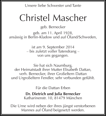 Traueranzeige von Christel Mascher von Mitteldeutsche Zeitung Naumburg/Nebra