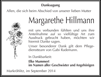 Traueranzeige von Margarethe Hillmann von Mitteldeutsche Zeitung Naumburg/Nebra