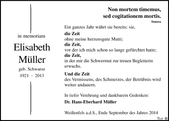 Traueranzeige von Elisabeth Müller von Mitteldeutsche Zeitung Weißenfels
