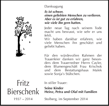 Traueranzeige von Fritz Bierschenk von Mitteldeutsche Zeitung Sangerhausen