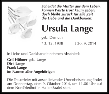 Traueranzeige von Ursula Lange von Mitteldeutsche Zeitung Halle/Saalkreis
