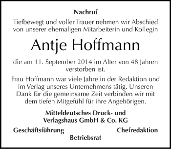 Traueranzeige von Antje Hoffmann von Mitteldeutsche Zeitung