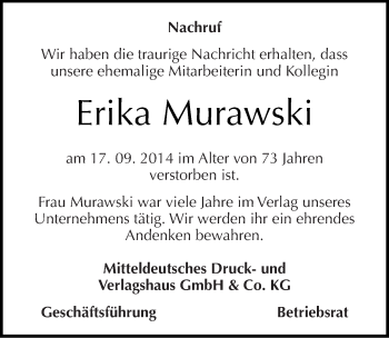 Traueranzeige von Erika Murawski von Mitteldeutsche Zeitung Halle/Saalkreis