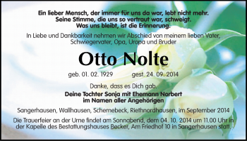 Traueranzeige von Otto Nolte von Mitteldeutsche Zeitung Sangerhausen