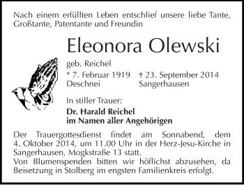 Traueranzeige von Eleonora Olewski von Mitteldeutsche Zeitung Sangerhausen